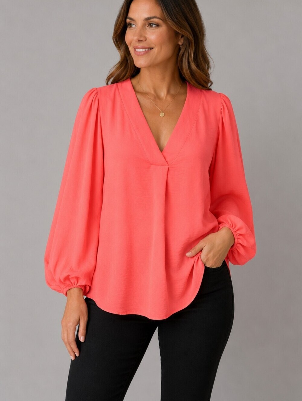 JESS LEA Neon Pink V-Neck Balloon Sleeve Blouse